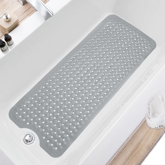 1Pc 40" x 16" Mildew Resistant Soft on Feet Ring Textured Bathtub Mat with Suction Cups, Gray