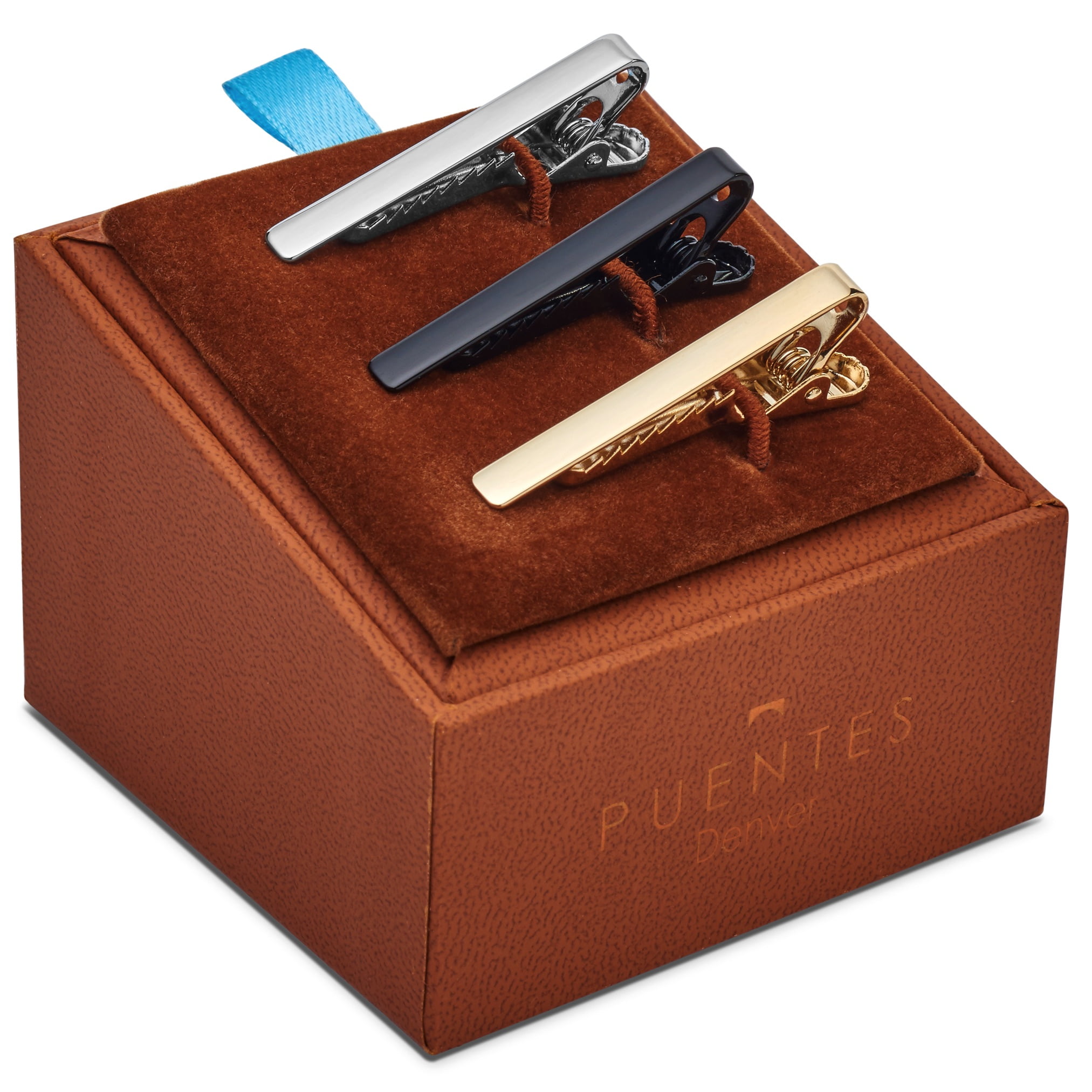 Silver Black Gold Tone Gift Box Puentes Denver 3 Pc Mens Tie Bar Pinch Clip Set Skinny Ties 1.5 Inch