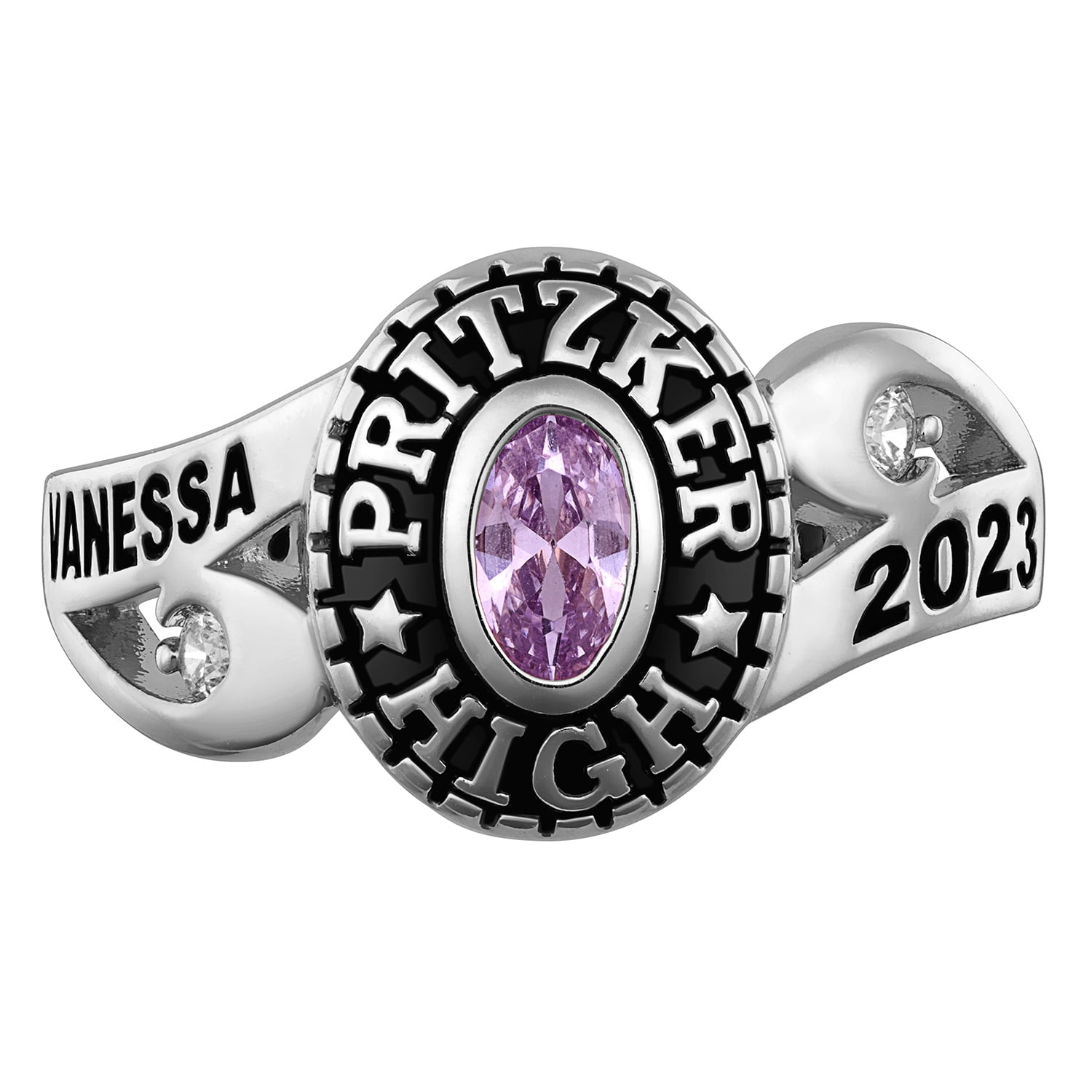 Order Now for 2025 Graduation, Freestyle Women's Silver Cubic CZ Scroll Bypass Birthstone Class Ring, Personalized, High School or College Graduation