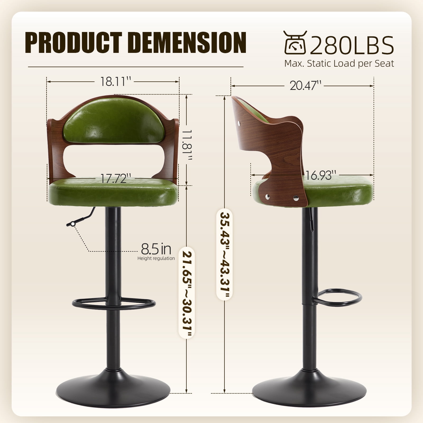 Homefun Swivel Bar Stools Set of 2,Wooden Upholstered Scratch-Resistant Fabric with Back,Chairs for Kitchen Island,Green
