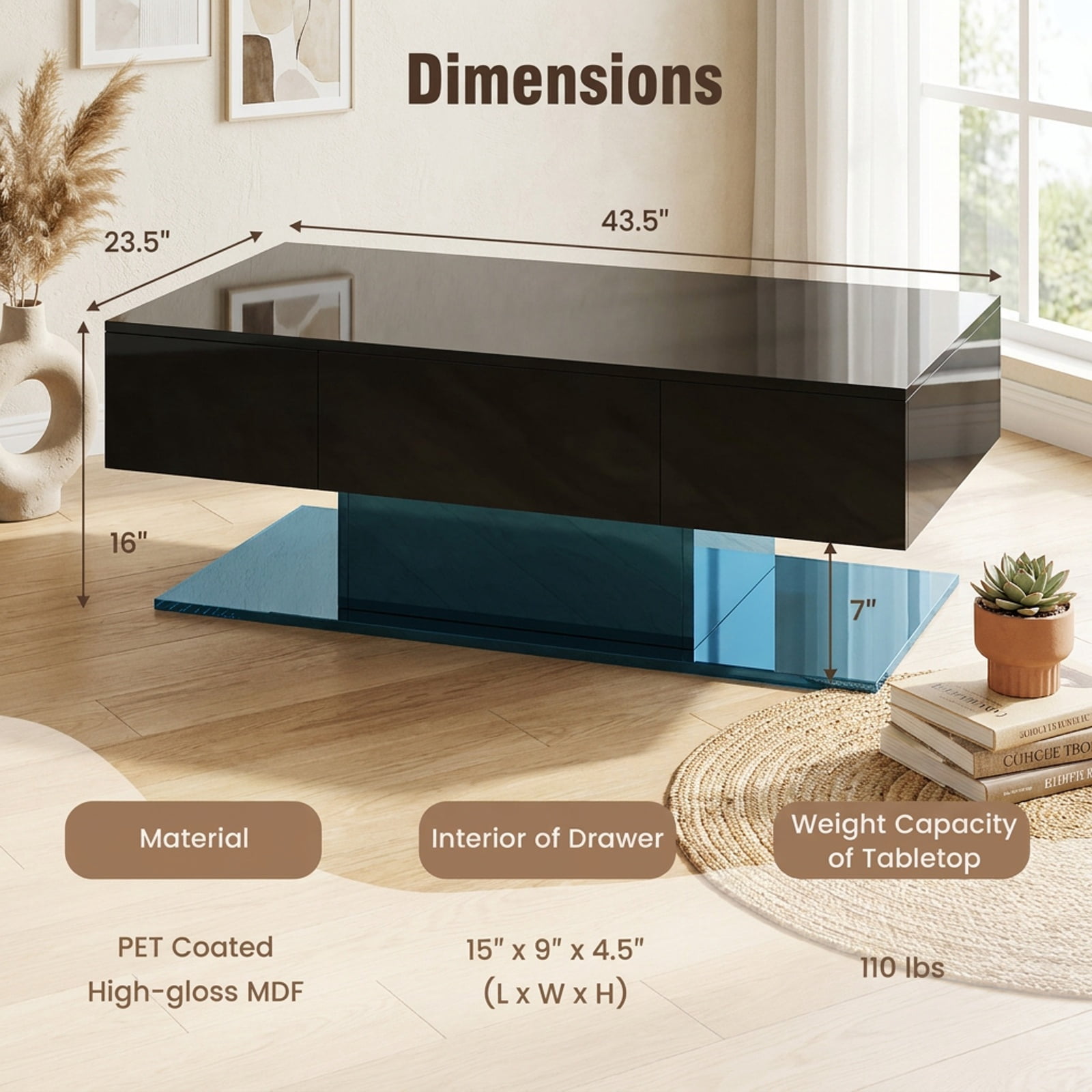 Furnibear Modern LED Coffee Table with 20 Color Lights and Remote Control for Living Room with 2 Storage Drawers and Open Shelf, Black