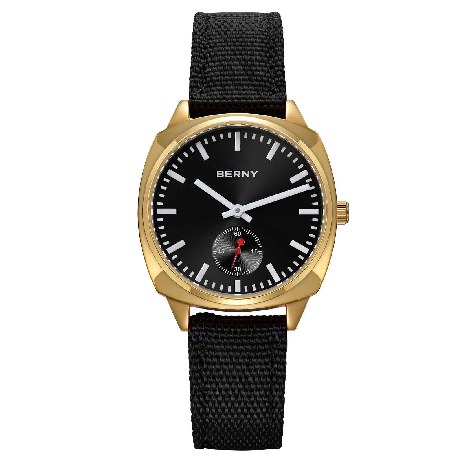 BERNY Gold Watch for Women, Casual Women Quartz Watch with Nylon Strap, Small Seconds Hand, Fashion Women's Wristwatch, Waterproof Classic Ladies Watch, Black