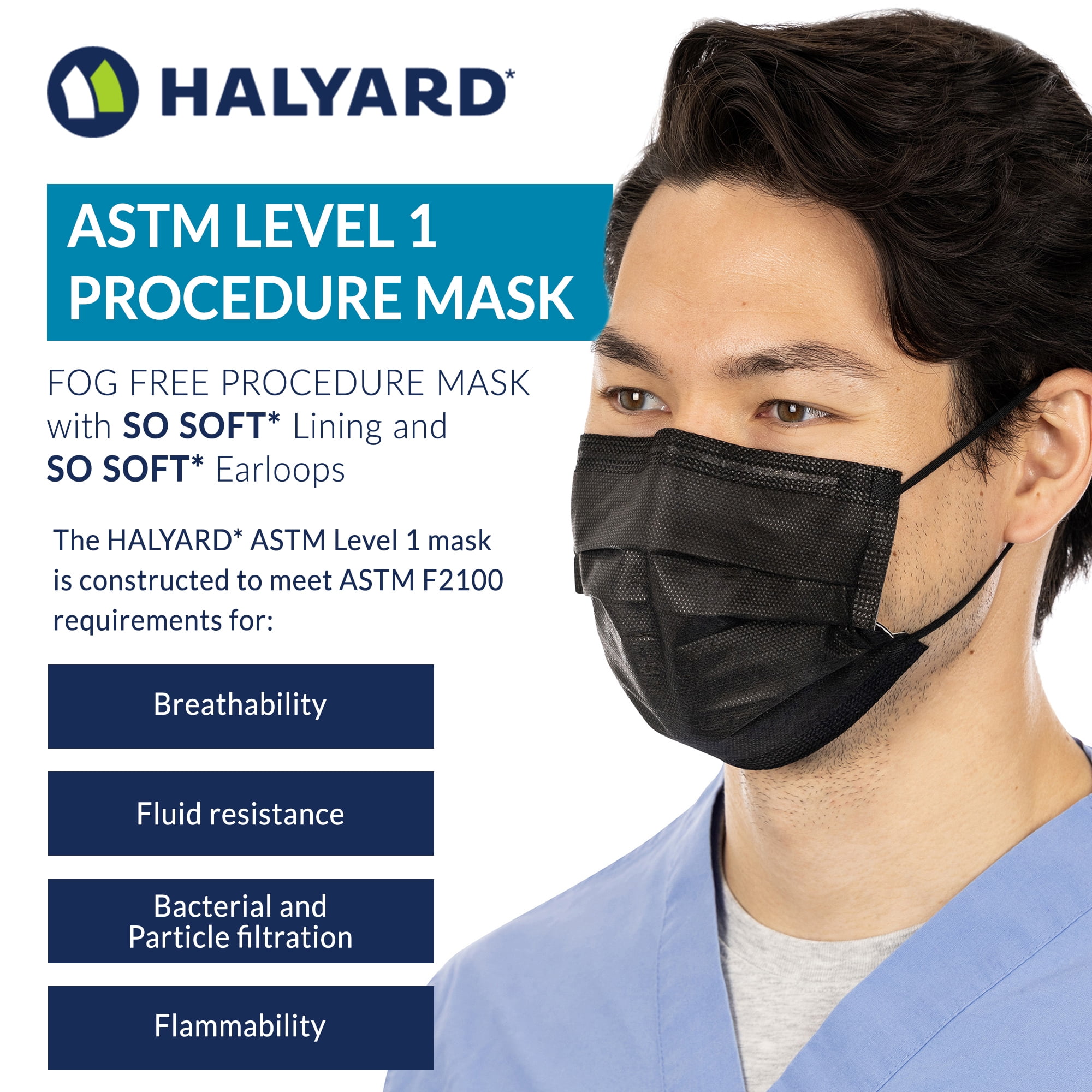 HALYARD Disposable Face Mask with Earloops, Fog-Free, Pleat Style, ASTM LEVEL 1 Procedure Mask, Healthcare, Medical, Dental – Black 49513 Case 500