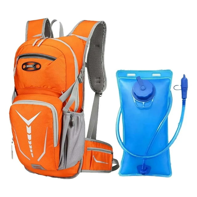 Sac d'Hydratation 2L avec Poche à Eau en EVA Sans BPA - Sac à Dos en Nylon pour Sports de Plein Air, Camping et Randonnée - Dos en Maille Ventilé, Sangles Réglables et Plusieurs Compartiments de Rangement - Orange
