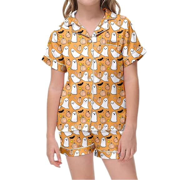 XAOFW Halloween Pajamas Pumpkin Ghost Printed Lapel Collar Girls Pajamas Sets Short Sleeve Button Down Tops And Elastic Waist Shorts Kids 2 Piece Loungewear Sets Trendy Nightwear 2-3 Years
