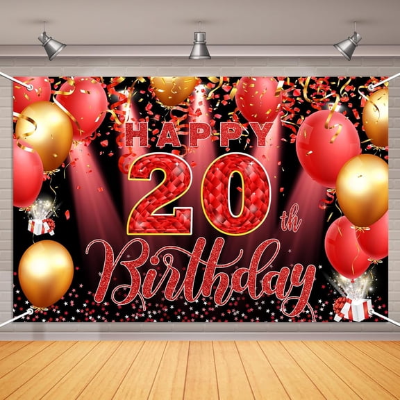 20th Birthday Decorations Backdrop Banner for Women Red Happy 20th Birthday Party Supplies Photography Background Cheers to 20 Years Old Birthday Party Decorations
