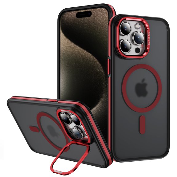 Matte Magnetic Back Cover Case for Apple iPhone 16 Pro, Camera Lens Kickstand Compatible with Magsafe Slim Fit Rugged Drop Protection Shockproof Phone Case for Women Men, Red