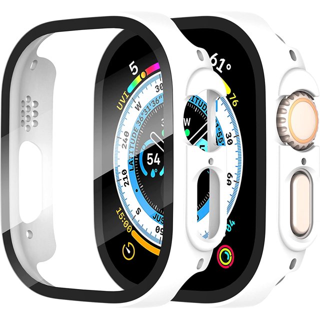 KOMI 2-Pack for Apple Watch Ultra/Ultra 2 49mm PC All-Around Screen Protector Case, Tempered Glass Screen Protector Case Ultra-Thin for iWatch Ultra/iWatch Ultra 2 49mm Protection Cover White