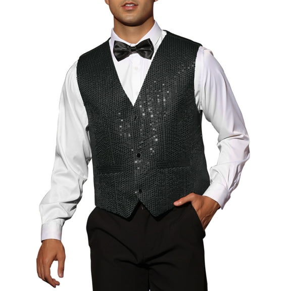INSPIRE CHIC Shiny Sequin Vest for Men's V-Neck Party Sleeveless Suit Waistcoat M Black
