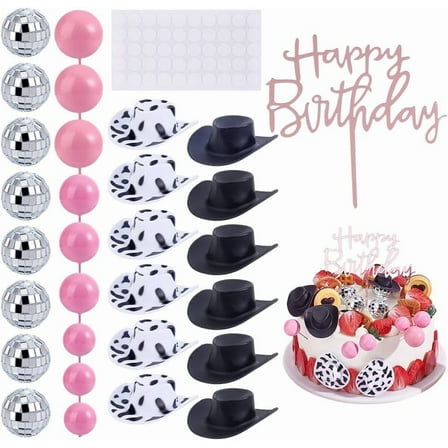 Colorful 75Pcs Cowgirl Pary Cake Decoration Mini Cowgirl Hat Decoration Mirror Cake Topper Disco Cake Decorations Pink Disco Ball Cake Picks for Western Cowgirl Theme Party Favors Supplies