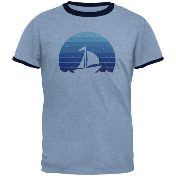 Marina Ocean Sail Boat Silhouette Retro Sunset Blue Mens Ringer T Shirt Heather Blue-Navy X-LG