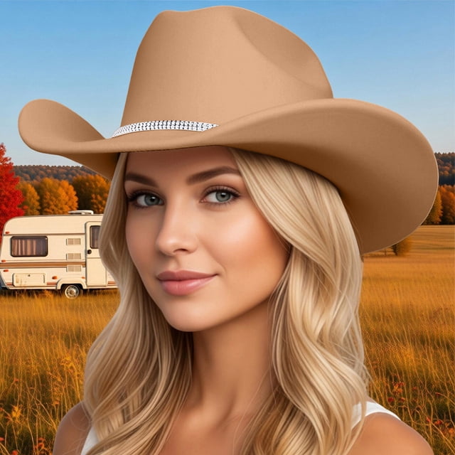Cowboy Hat for Home and Casual Wear - Sparkling Rhinestone Wide Brim Sun Travel Western Style Accessory