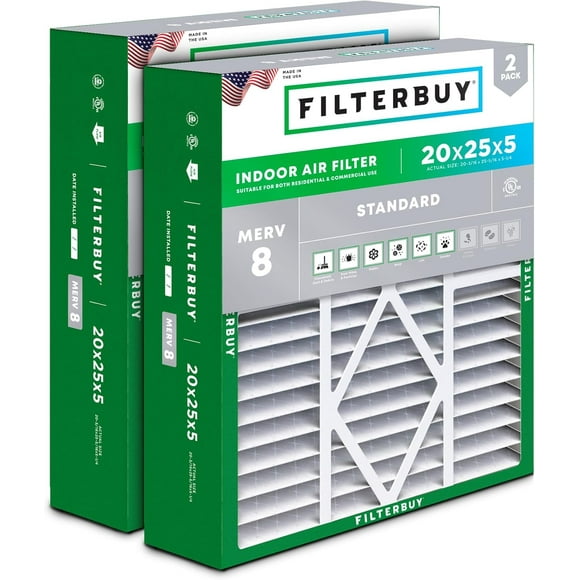 Filterbuy 20x25x5 MERV 8 (MPR 600) Dust Defense, Pleated HVAC AC Furnace Air Filters for Amana, Coleman, Goodman, Maytag, York, and More (2-Pack)