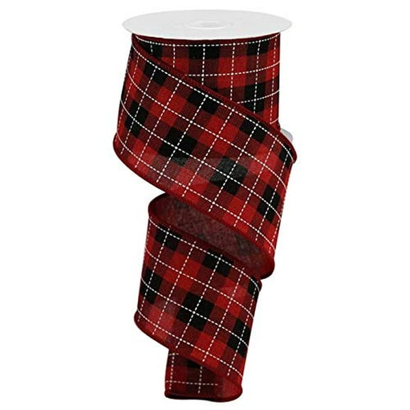 Printed Woven Check Wired Edge Ribbon - 2.5 Inch x 10 Yards (Red, Black, White)