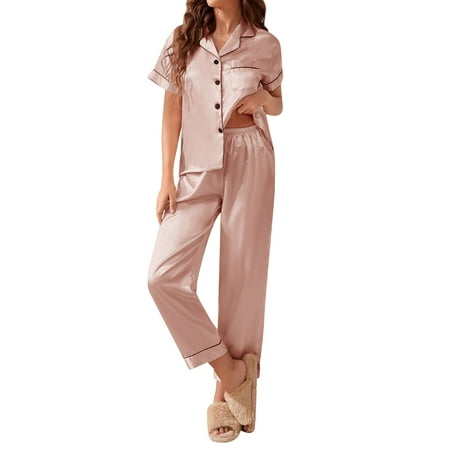 

HUBERY Women Lapel Collar Button Down Short Sleeve Pocket Sleepwear Set