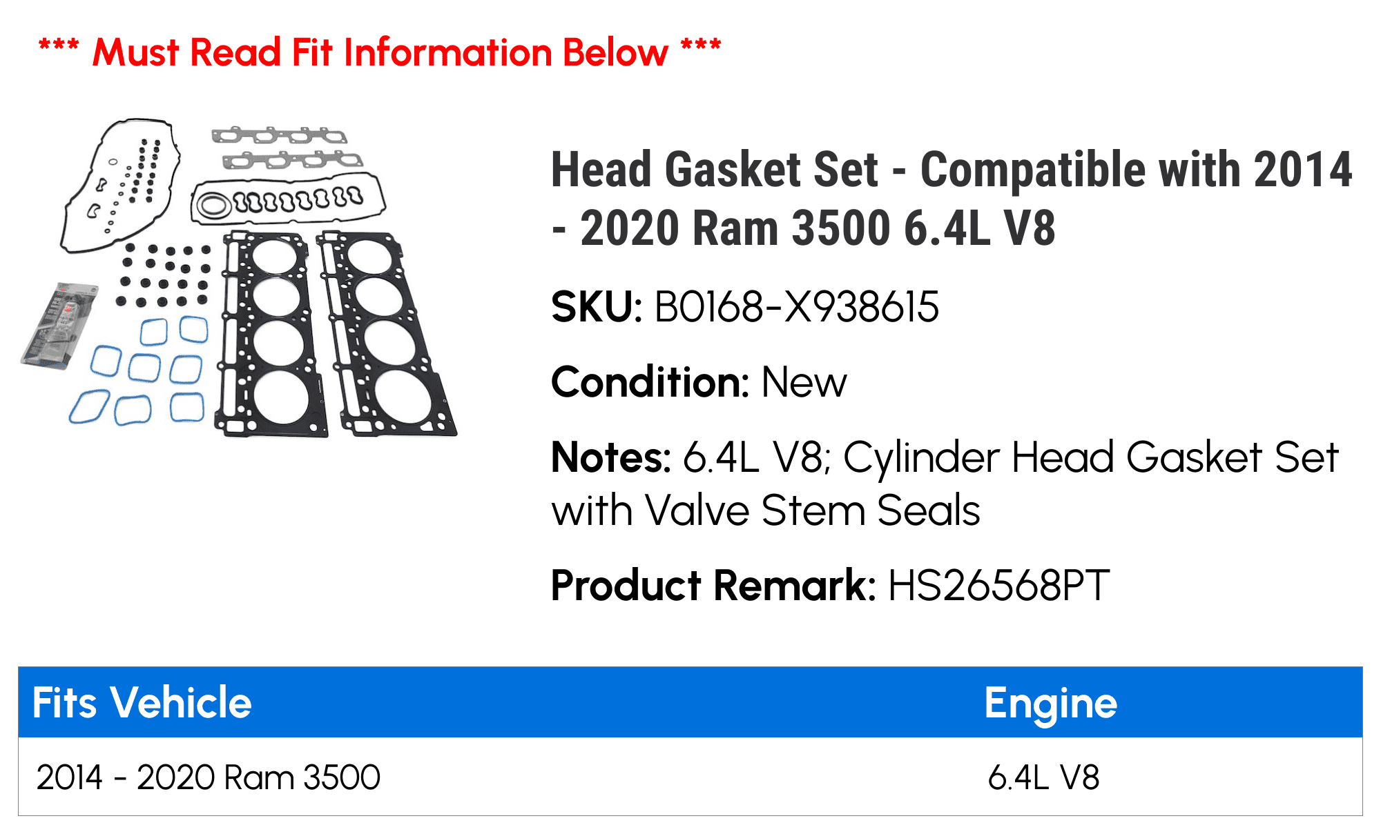 Head Gasket Set - Compatible with 2014 - 2020 Ram 3500 6.4L V8 2015 2016 2017 2018 2019