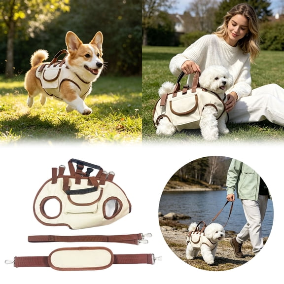 Dog Full Body Lift Harness for Small Dogs, Outdoor Pet Bag Hands Free Shoulder Yorkie Carrier, Adjustable Breathable Vest Straps with Small Puppy Treat Bag, Beige