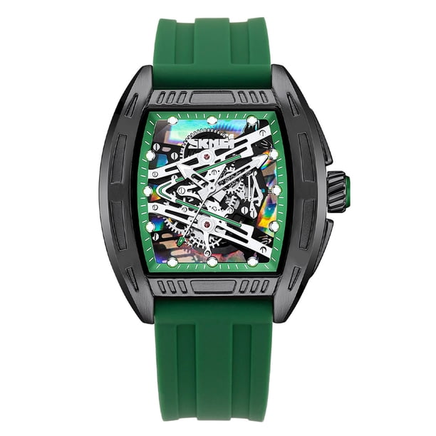 Reloj de cuarzo esqueletizado para hombre | Diseño de barril resistente al agua con manecillas luminosas | Correa de silicona roja para uso casual y deportivo