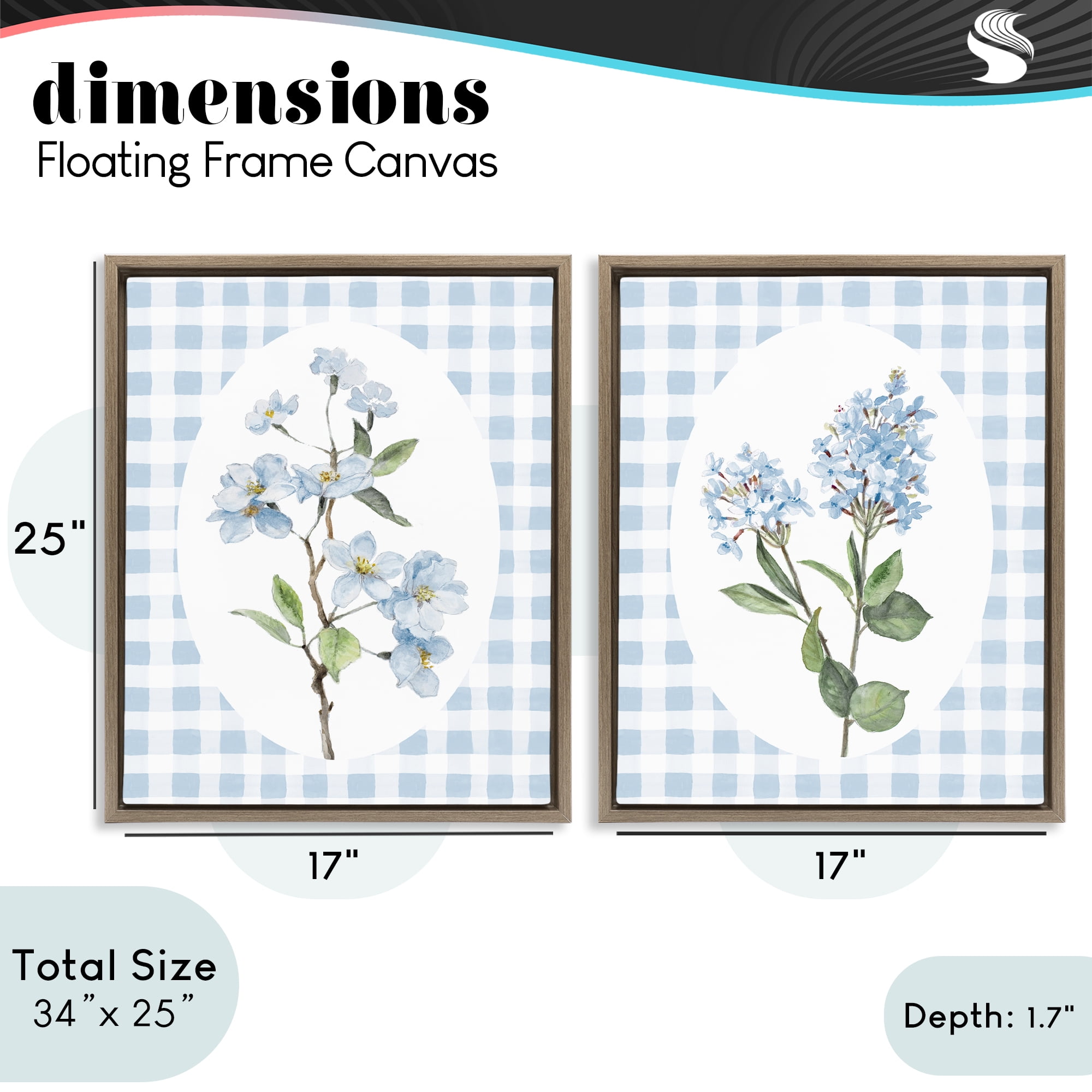 Stupell Industries Blooms on Blue Checkered 2 Piece Brown Framed Floater Canvas Set, design by Lanie Loreth