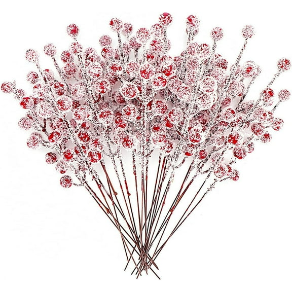 24Pcs Artificial Berry Picks Snow Sprays Christmas Frosted Holly Berry Stems Twigs Winter Branches for for Christmas Tree Fillers Decor Holiday Arrangement Wreaths Garland Crafts DIY Ornaments