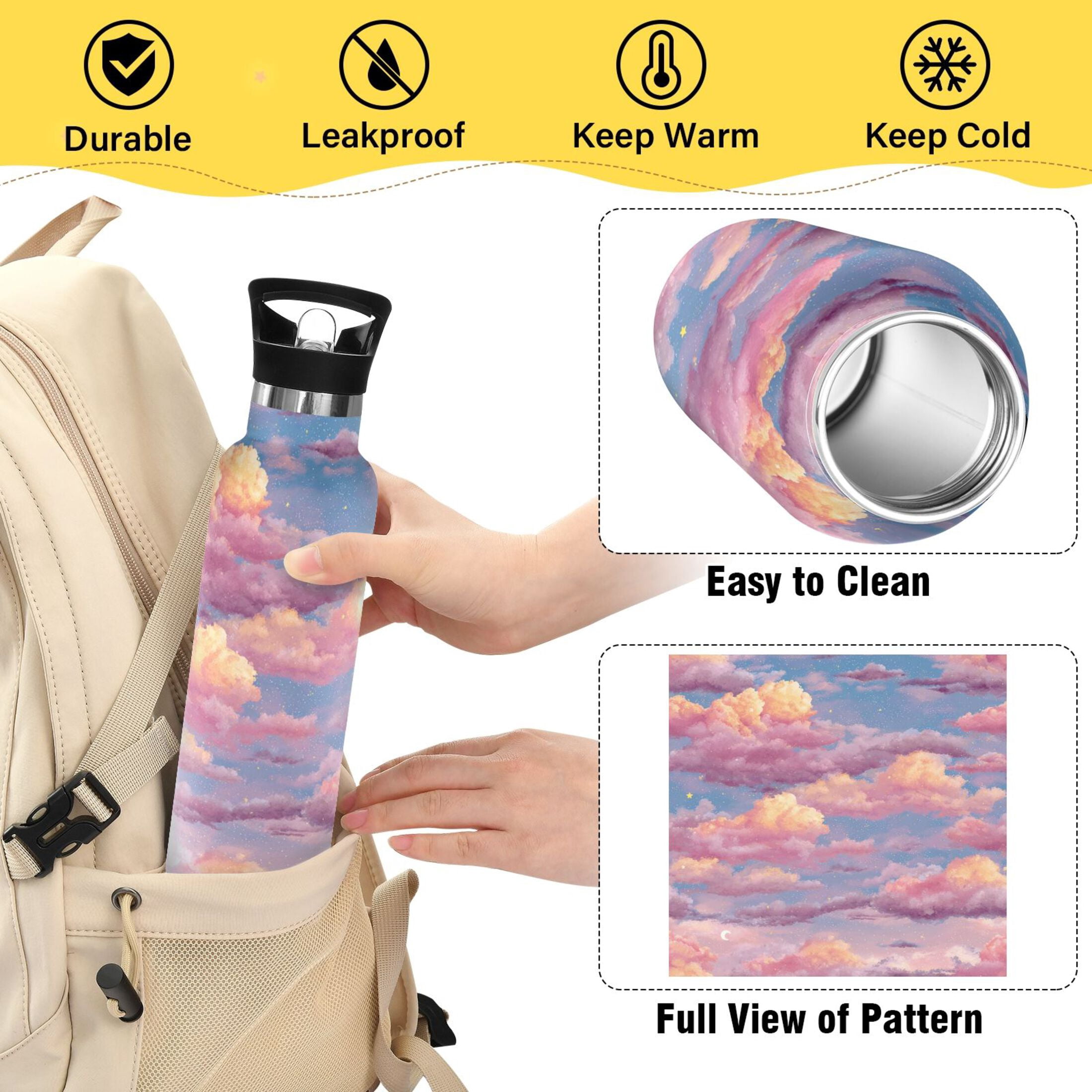 600ML Stainless Steel Insulated Cup Sports Water Bottle Portable Thermos Cup Water Glasses Insulated Tumblers Convenient and Durable Cartoon Pink Sky