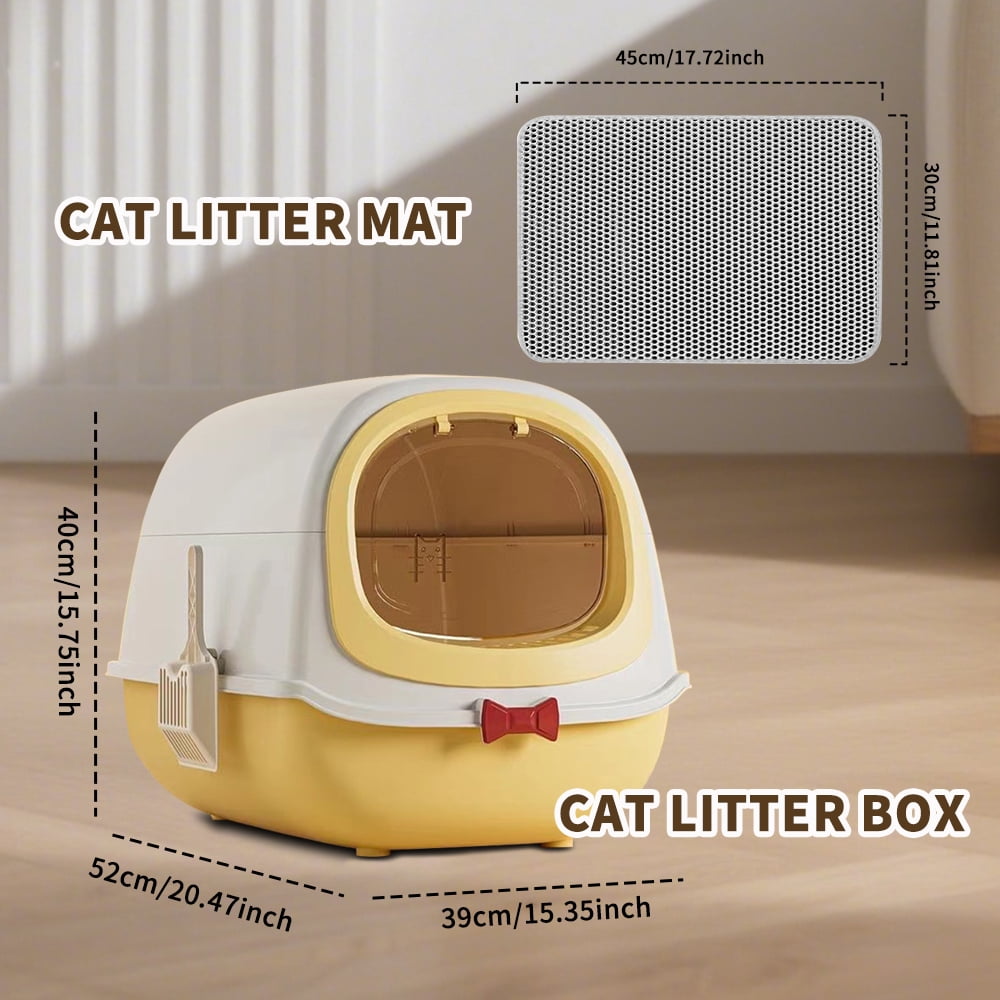 Fully Enclosed Cat Litter Box + Mat, Large Odor-Control Kitty Toilet with Flip Lid, Scoop & Anti-Tracking Pedal, Removable Design, Yellow