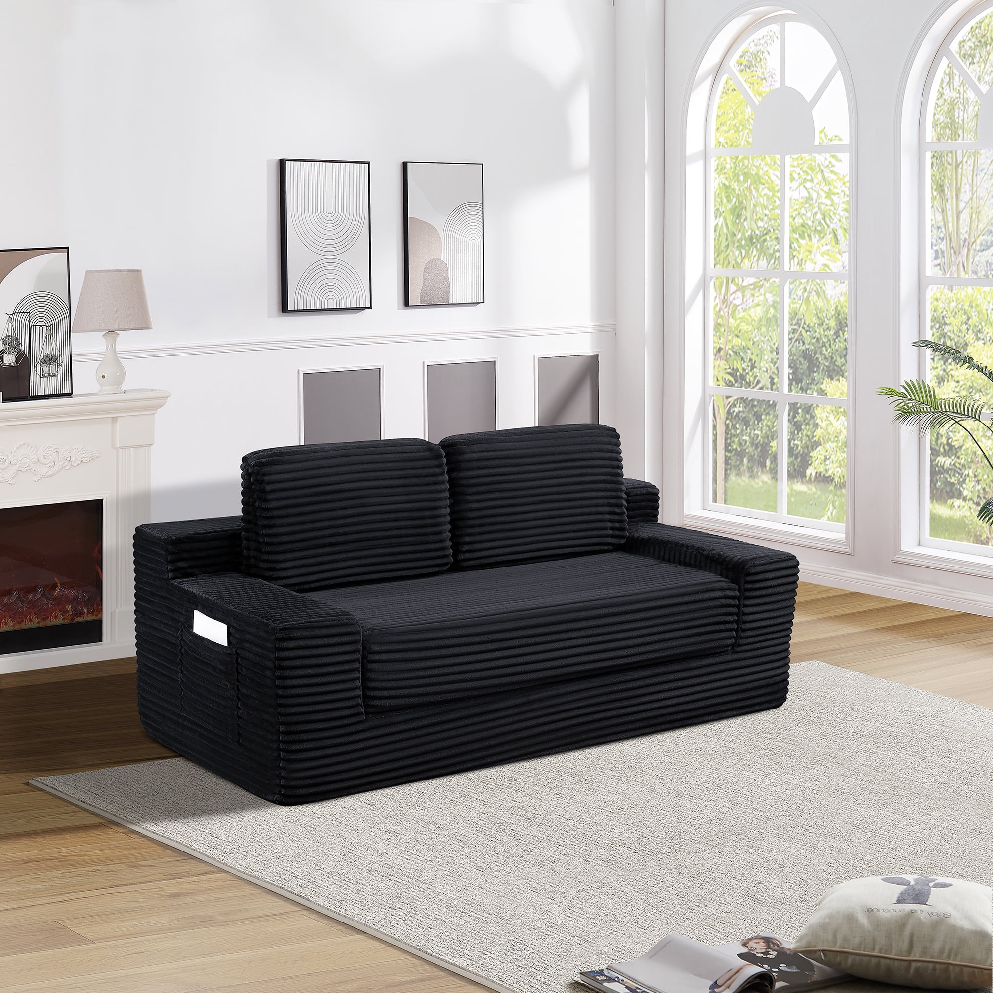 Corduroy Cloud Double Sofa, 2-in-1 Convertible Sofa Bed, Comfortable Boneless Double Sofa, Suitable for Living Room, Apartment, Small Space Black