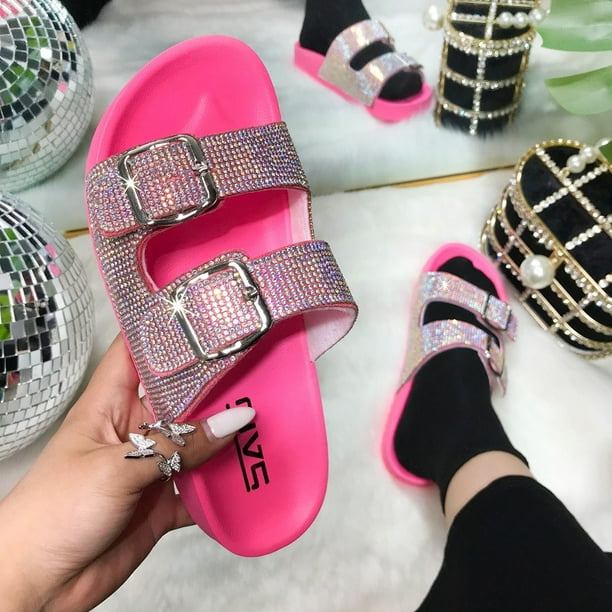 Verano degradado color suave cerrojo moda plana sandalias de diamantes de imitación zapatos de mujer Wmkox8yii hj789
