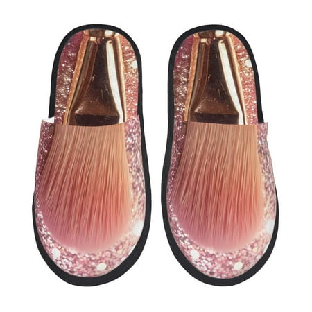 Balery Makeup Brush on Pink Glitter Slient Indoor Furry Fleece Comfort House Shoes Soft Non-Slip Home Shoes Cotton slippers House Slippers-- Medium