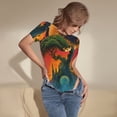 thumbnail image 3 of KLL Women 's Crew Neck Bodysuit Jumpsuits Abstract Tree Castle Print Short onesies Stretch T Shirts, 3 of 5