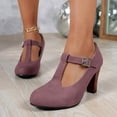 thumbnail image 2 of Women T-Strap High Heels Fashion Platform Round Toe Adjustable Strap Pumps Leather Summer Sweet Dress Shoes Wine Size 7.5, 2 of 7