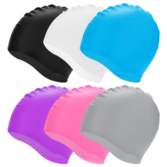 Uxcell 6-Pack Silicone Swim Cap, Unisex Non-Slip Waterproof Swimming Hat [Black/White/Light Grey/Lake Blue/Purple/Pink]