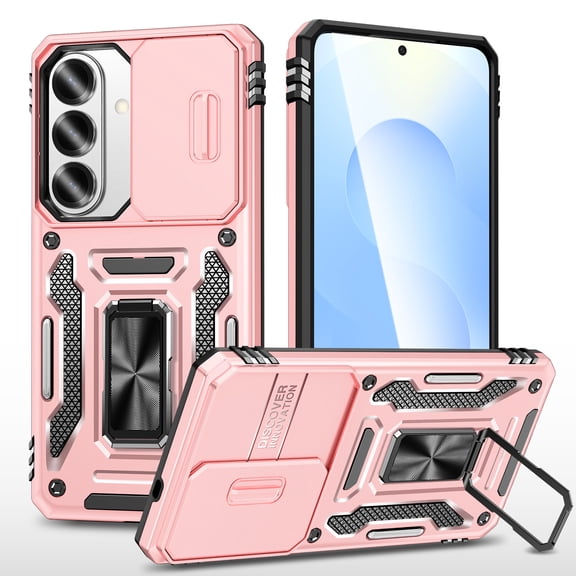 Rugged Case for Samsung Galaxy S26, Sliding Lens Camera Cover Protection, Ring Kickstand Compatible with Magnetic Car Mount, Military Grade Protection Hybrid Shockproof Phone Case, Rosegold