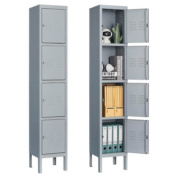 Metal Storage Lockers - 4 Tier Lockable Cabinet for School, Gym, Office - Gray Steel Employee Lockers with Door - 12W x 12D x 66H