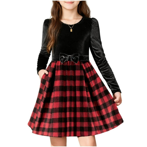 NAISIBABY Girls Velvet Dress (4-12T), Plaid Bowknot Long Sleeve Vintage Party Wedding Festival Princess Dress Black 10T