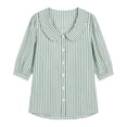 thumbnail image 3 of Women's Striped Shirt with Pan Collar, 3/4 Puff Sleeve Button Down Casual Blouse, 3 of 8