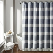 Lush Decor Tucker Stripe Yarn Dyed Cotton Knotted Tassel Cotton Shower Curtain, 72x72, Navy, Single
