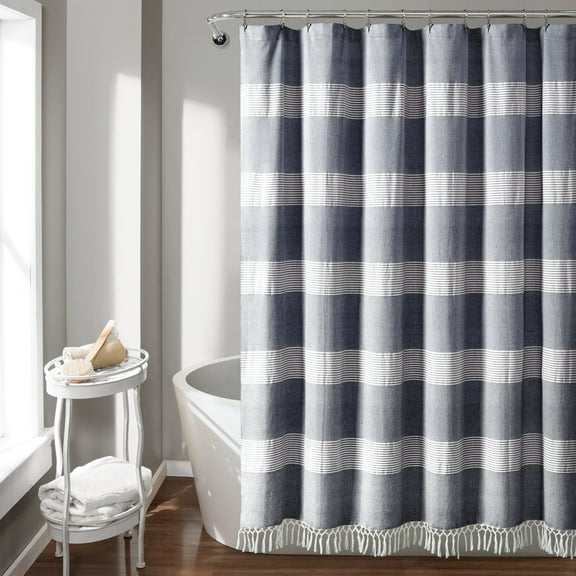 Lush Decor Tucker Stripe Yarn Dyed Cotton Knotted Tassel Cotton Shower Curtain, 72x72, Navy, Single