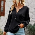 thumbnail image 2 of Camisa de manga larga con cuello en V para mujer, blusas sueltas de punto con botones hacia abajo y abertura lateral informal a la moda para otoño e invierno, negro M, 2 of 6