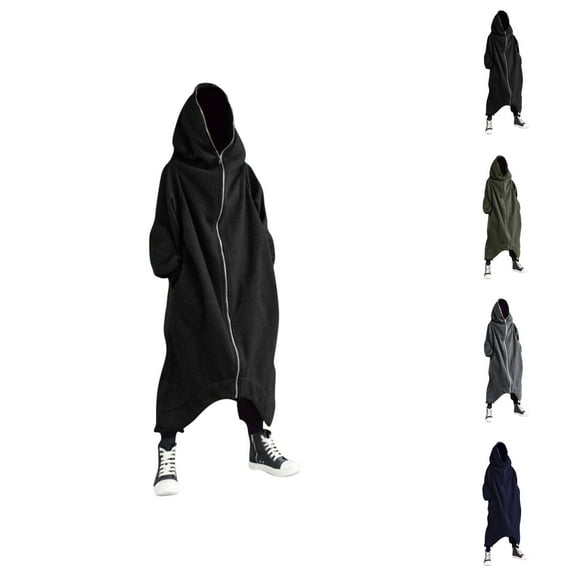 Men's Solid Color Personality Dark Style Full Body Zipper Long Hooded Sweater Jacket Men Cotton Hooded Sweatshirt
