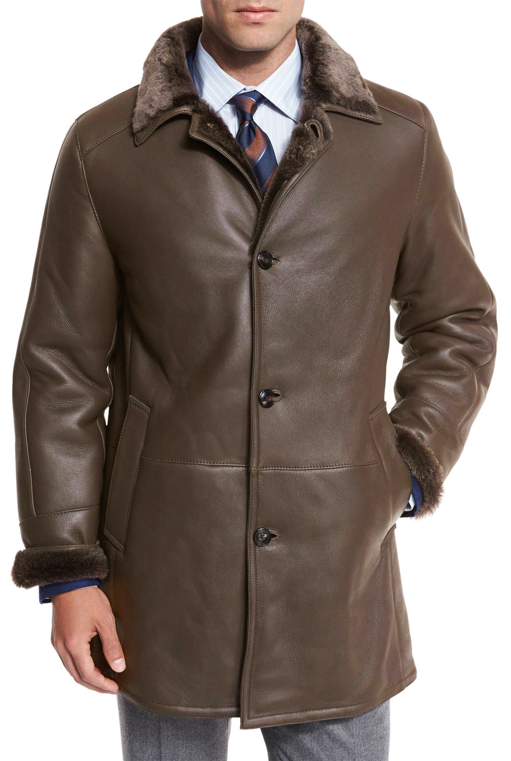 Gallotti Mens Shearling Fur-Lined Nappa Leather Jacket 44 Brown IT 54 ...