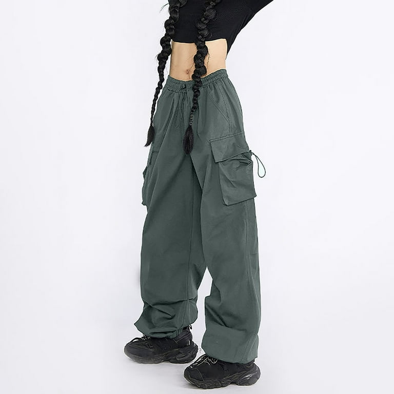 Grey Cargo Pants Women Parachute Pants With 4 Pockets High Rise Elastic Waistband Cargo Pants Streetwear Leggings With Pockets for Women Size M