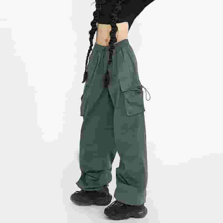 【BAON】Watchun banding brushed parachute cargo pants Skpblutn Women's Parachute Pants With 4 Pockets High Rise