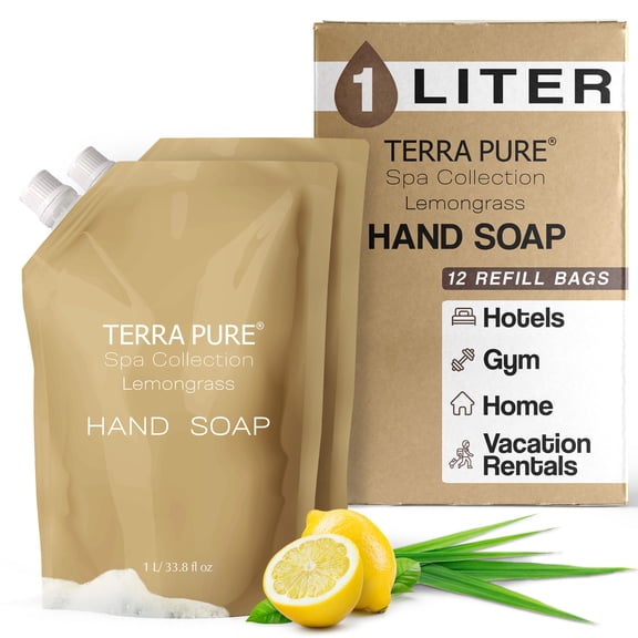 Terra Pure Spa Collection 1 Liter Hand Wash Refill Bag For Soap Dispensers | Bulk Toiletries for Vacation Rentals, and Home Bathroom Showers | Green Tea Lemongrass | Set of 12