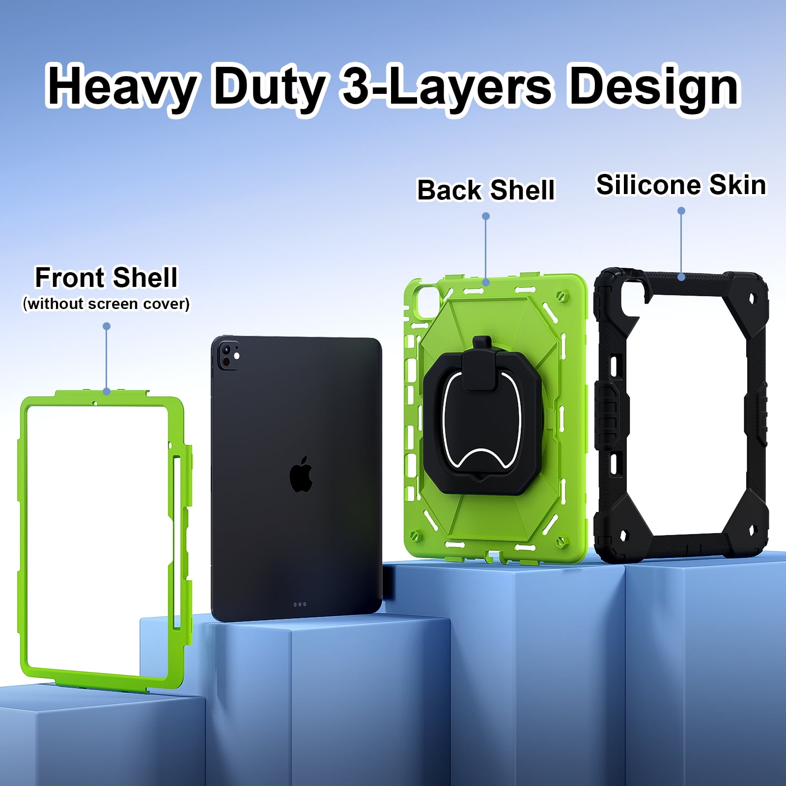 Decase Kids Case for Apple iPad Pro 13 13-inch (M5)(M4) 2025/2024,Shockproof Rotatable Stand Cover,Detachable Shoulder Strap,Rugged 3-Layer Tablet Shell with Pen Holder,Black+Green