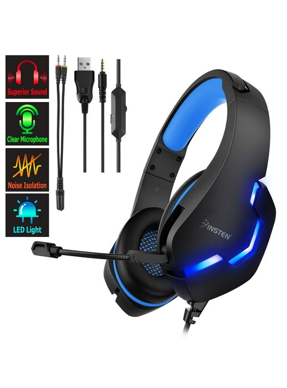 Gaming Headset with Mic - Wired Over-Ear Headphones with Microphone for PS5 PS4 PC Xbox Series X/S Nintendo Switch, 40mm Driver, Blue LED Light, 3.5mm Jack (Black)