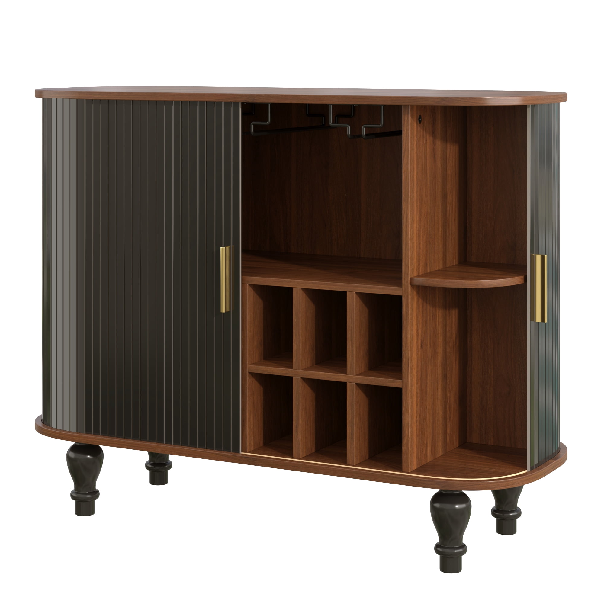 39" Fluted Liquor & Coffee Bar Cabinet with 6 Wine Racks and 3 Glass Holders, Bar Cabinet with A Large Storage Drawer, 4 Hidden Storage Space on the Side, Black