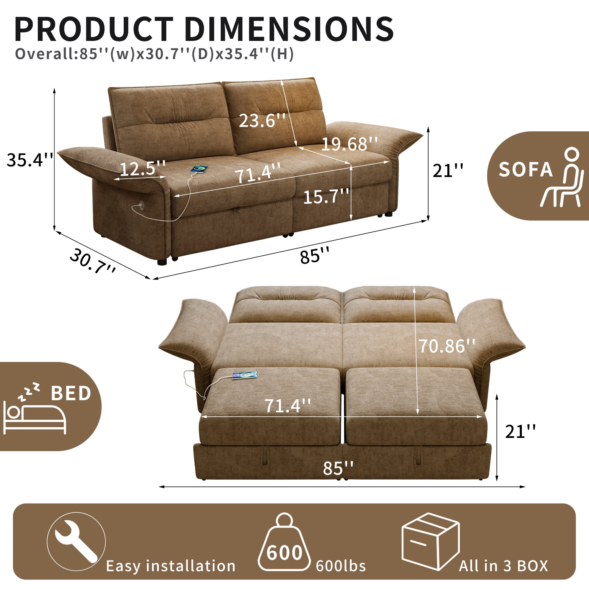 Leumius 85" Convertible Sofa Bed with Wood Frame,2-in-1 Upholstered Sleeper Sofa Bed with Pull Out Bed for Living Room,Apartment,600 lbs Capacity,Camel
