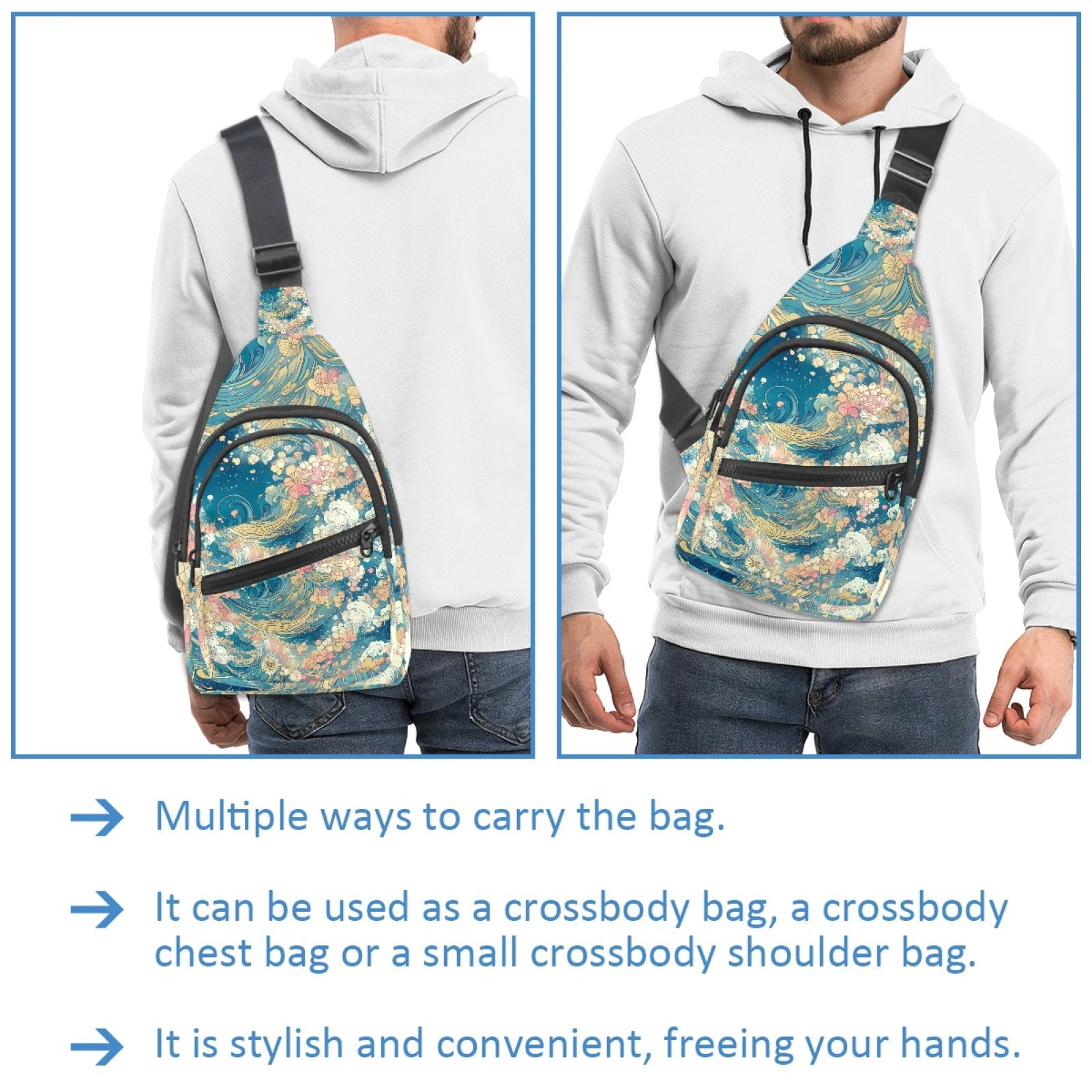ERJLKXP Wave and Floral Vintage Japanese Abstract Small Mens Women Crossbody Chest Bag, Travel Over Shoulder Sling Bag Backpack Men Side Bag,Daypack