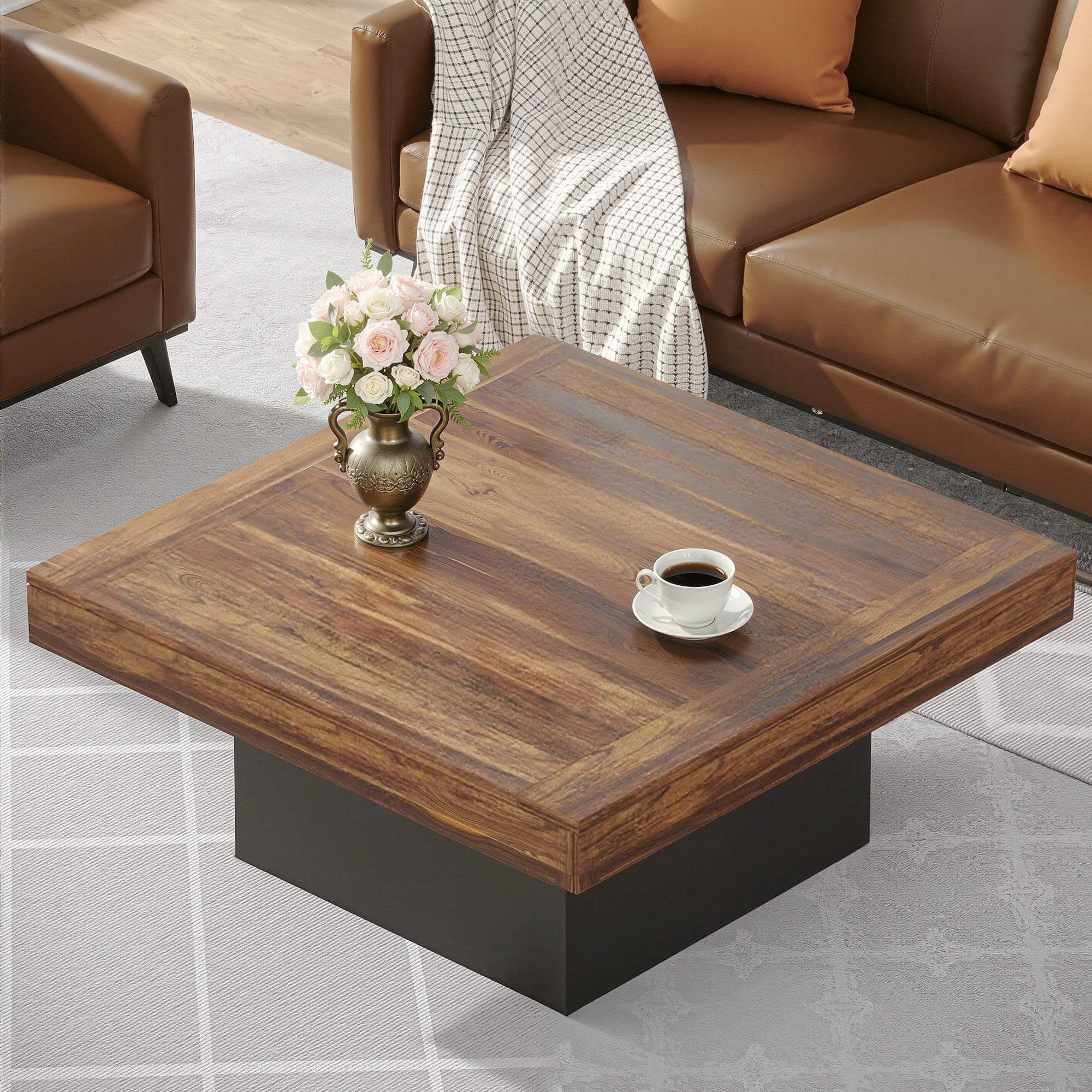 MAYEERTY Square LED Coffee Table 35.4", Rustic Industrial Living Room Table with Adjustable Light